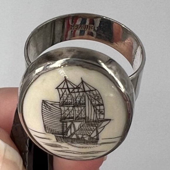 Faux Scrimshaw Silver Women's Ring with Whaling Boat Image - Size 8.5 - Picture 9 of 12
